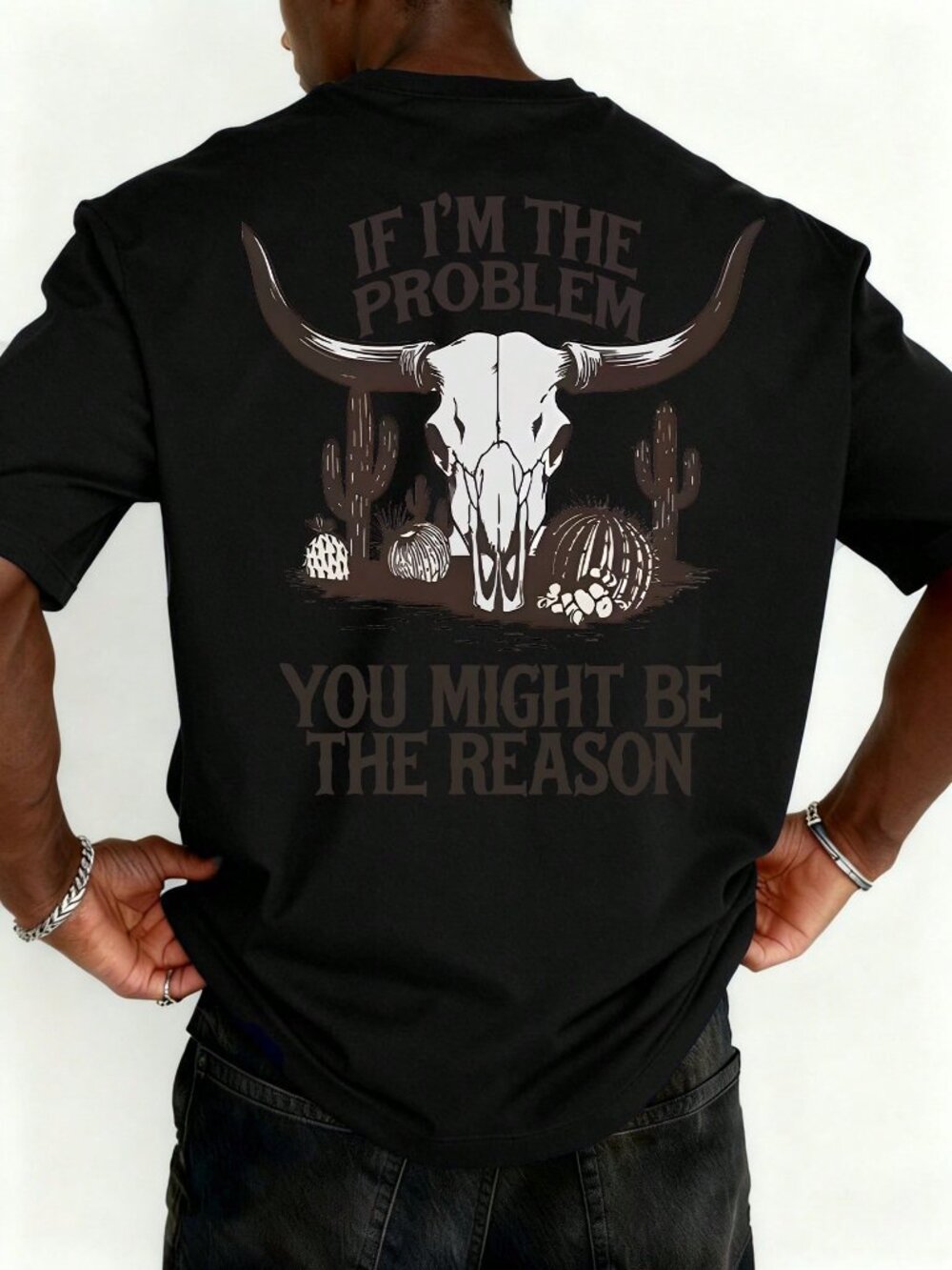 Black Casual Men's Loose Round Neck Drop Sleeve Graphic T-Shirt - Picture 2 of 6